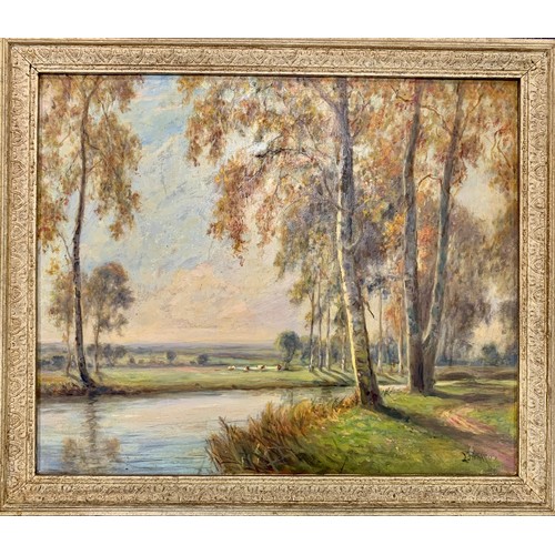 450 - L Richards / Daniel Sherrin (British, 1868-1940), oil on canvas lakeside landscape. Signed L Richard... 