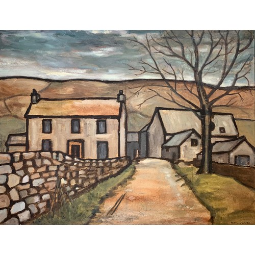 463 - Kathleen White (British, 1922-1987), ‘A Fell Farm’ large oil on board countryside scene. Signed Kath... 