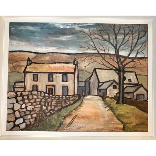 463 - Kathleen White (British, 1922-1987), ‘A Fell Farm’ large oil on board countryside scene. Signed Kath... 