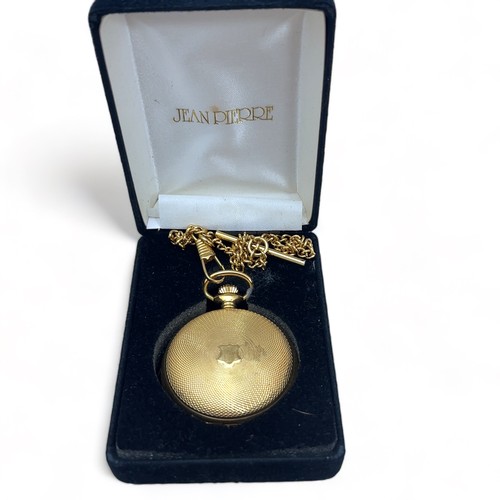 123 - A gold plated Jean Pierre full hunter pocket watch and chain. Boxed.

It is the buyer's responsibili... 