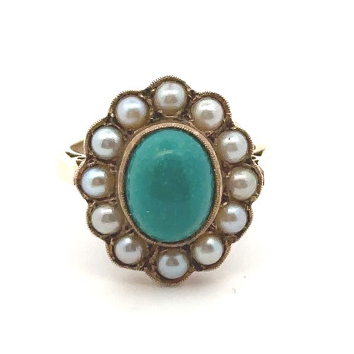 33 - A 9ct gold turquoise and pearl cluster ring, size I. 4.07g.

Please see the buyer's terms and condit... 