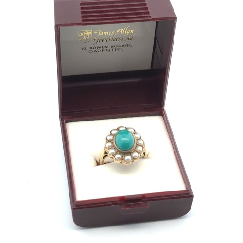 33 - A 9ct gold turquoise and pearl cluster ring, size I. 4.07g.

Please see the buyer's terms and condit... 