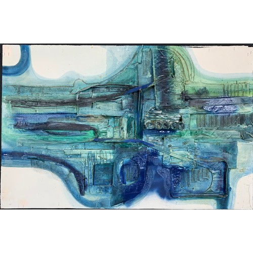 468 - Large Mid-Century brutalist mixed media painting, signed Charles / I Charles. Blue. Possibly Charles... 