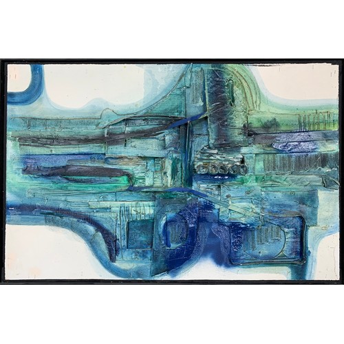 468 - Large Mid-Century brutalist mixed media painting, signed Charles / I Charles. Blue. Possibly Charles... 