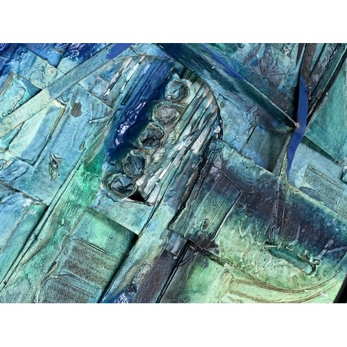 468 - Large Mid-Century brutalist mixed media painting, signed Charles / I Charles. Blue. Possibly Charles... 