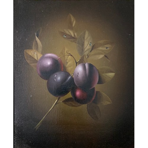 464 - Mike Woods (British, 1967-2003), Plums, hyper-realistic oil on canvas still life. Signed to lower, f... 