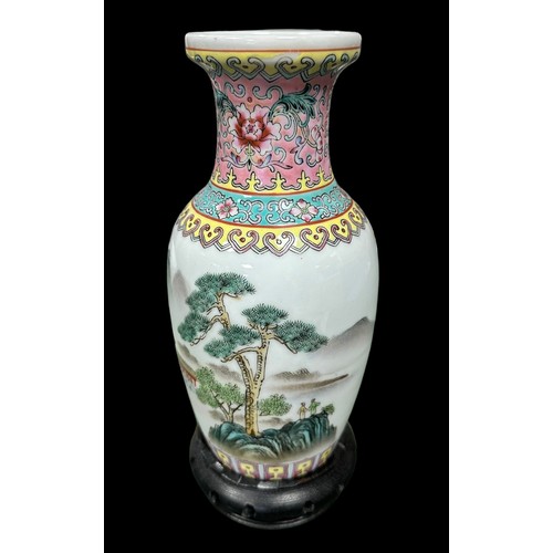 315 - Range of Chinese five vases to include two with bases, one on a wooden stand, plus two other Chinese... 