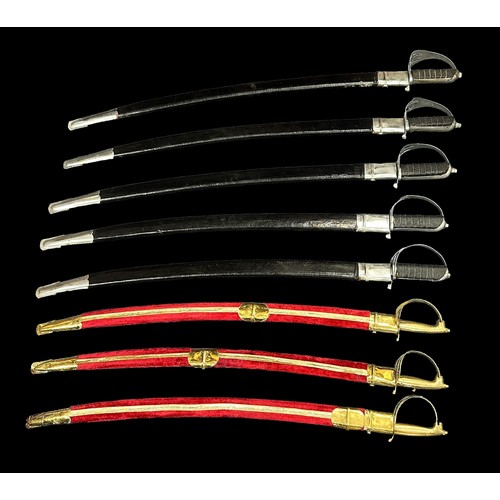 163 - Collection Of Eight Indian Calvary Swords. Three in Red velvet wrapped wooden sheaths. Five in Black... 