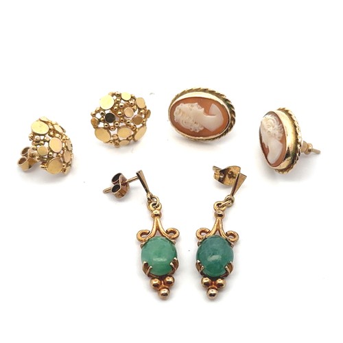 72 - Three pairs of 9ct gold earrings including a pair of cameo set earrings and a pair of green stone se... 