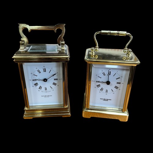 162 - Traylor & Bligh, pair of lacquered brass carriage clocks by Taylor & Bligh. Heights 15cm. (2)