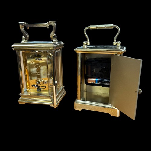 162 - Traylor & Bligh, pair of lacquered brass carriage clocks by Taylor & Bligh. Heights 15cm. (2)