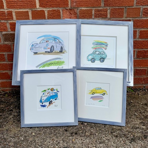 394 - Clint (Contemporary), watercolour on paper painting of a Porsche, signed to reverse 28cm x 29cm. Plu... 