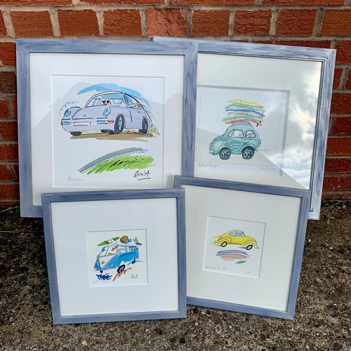 394 - Clint (Contemporary), watercolour on paper painting of a Porsche, signed to reverse 28cm x 29cm. Plu... 