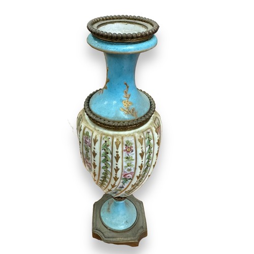 297 - Pair of  Sèvres vases with blue celeste ground and polychrome decorated with polychrome and gilt flo... 