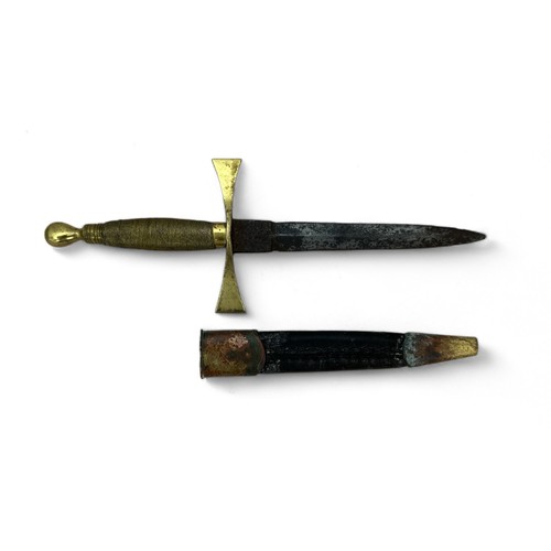 164 - Brass handled Masonic ceremonial dagger, with scabbard, blade rusted. Blade length 14cm, overall len... 