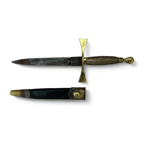 164 - Brass handled Masonic ceremonial dagger, with scabbard, blade rusted. Blade length 14cm, overall len... 