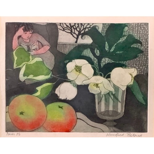 419 - Winifred Pickard (British, 1908-1996), ‘Xmas 86’ aquatint etching of a young girl reading with flowe... 