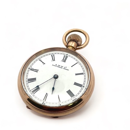 126 - A gold plated Waltham top wind open face pocket watch with white enamel dial, blued steel hands and ... 