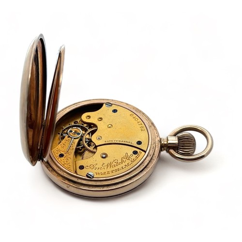 126 - A gold plated Waltham top wind open face pocket watch with white enamel dial, blued steel hands and ... 