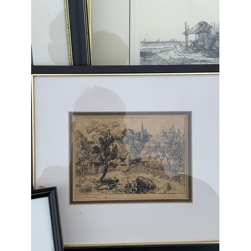 379 - Collection of nine framed etchings and engravings, to include; C Russell, L Stephens, Rembrandt mode... 