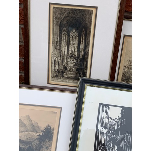 379 - Collection of nine framed etchings and engravings, to include; C Russell, L Stephens, Rembrandt mode... 