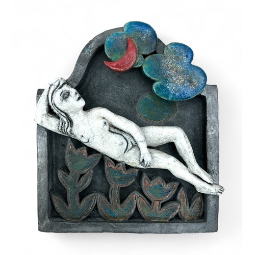 371 - Reclining nude on flowers, with clouds and moon to upper sky decorative sculptural wall plaque. Sign... 