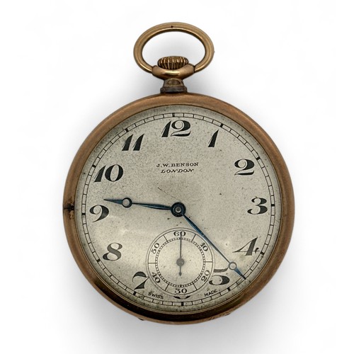 133 - J. W. Benson London 9ct gold pocket watch, Swiss Made, on yellow metal chain (with makers mark). In ... 