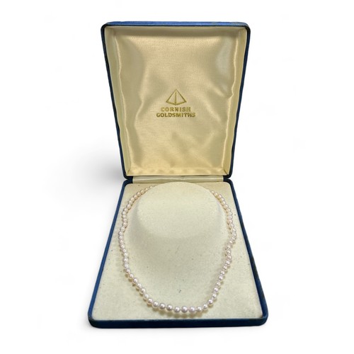 71 - A cased double cultured pearl necklaces with clasp stamped 375. Can be detached to form two single s... 