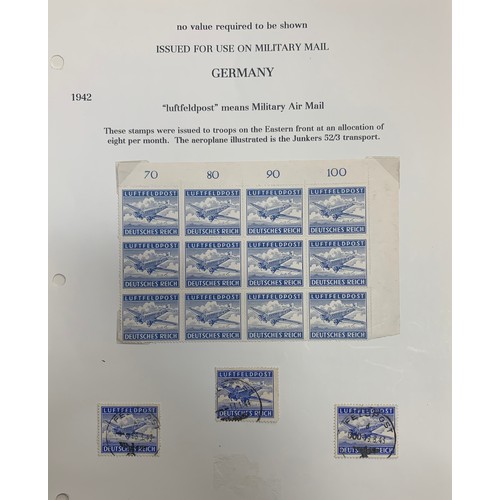 244A - Germany, 1942 range of Military Air-mail study stamps on loose leaves. Three covers.