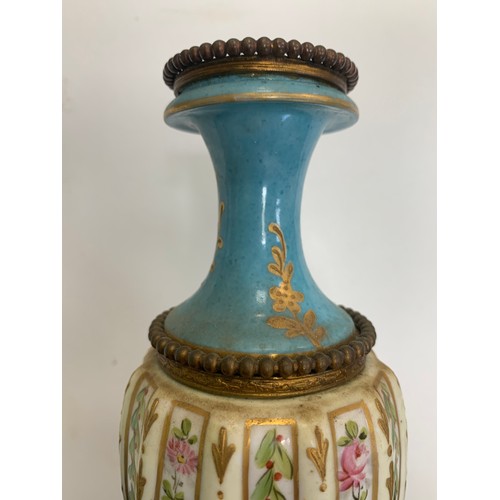 297 - Pair of  Sèvres vases with blue celeste ground and polychrome decorated with polychrome and gilt flo... 