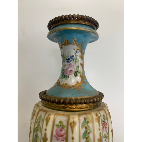 297 - Pair of  Sèvres vases with blue celeste ground and polychrome decorated with polychrome and gilt flo... 