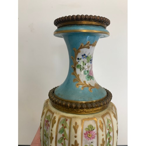 297 - Pair of  Sèvres vases with blue celeste ground and polychrome decorated with polychrome and gilt flo... 