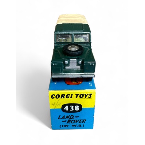 183 - Corgi Land Rover 109LWB No. 438, dark green, tan plastic tilt, metal tow hook  generally excellent i... 