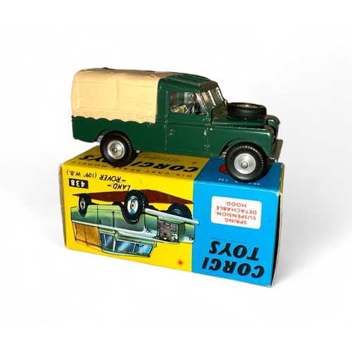 183 - Corgi Land Rover 109LWB No. 438, dark green, tan plastic tilt, metal tow hook  generally excellent i... 