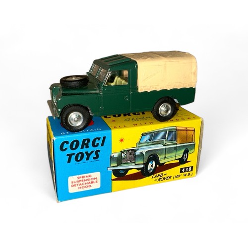 183 - Corgi Land Rover 109LWB No. 438, dark green, tan plastic tilt, metal tow hook  generally excellent i... 