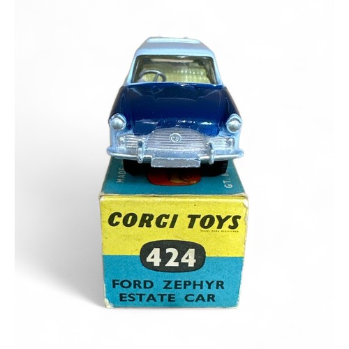 175 - Corgi Ford Zephyr Estate Car No. 424, two-tone light and dark blue, lemon interior and flat hubs, ge... 