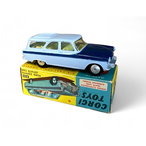 175 - Corgi Ford Zephyr Estate Car No. 424, two-tone light and dark blue, lemon interior and flat hubs, ge... 