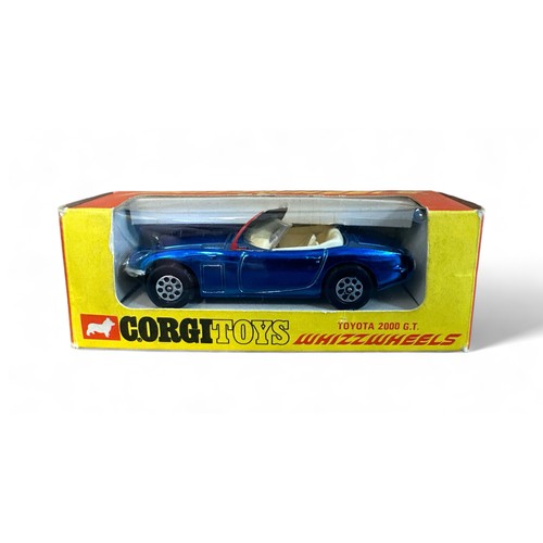 144 - Corgi Toyota 2000 GT No. 375, metallic blue, cream interior, red aerial and pepperpot-style Whizzwhe... 