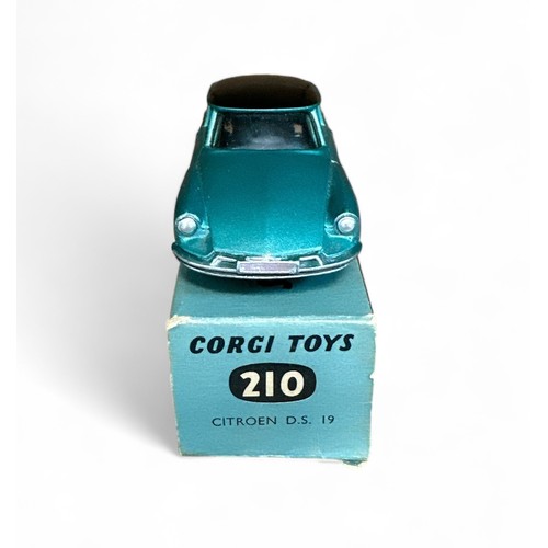 64 - Corgi Citroen DS19 No. 210, metallic turquoise with black roof, flat spun hubs, generally excellent ... 