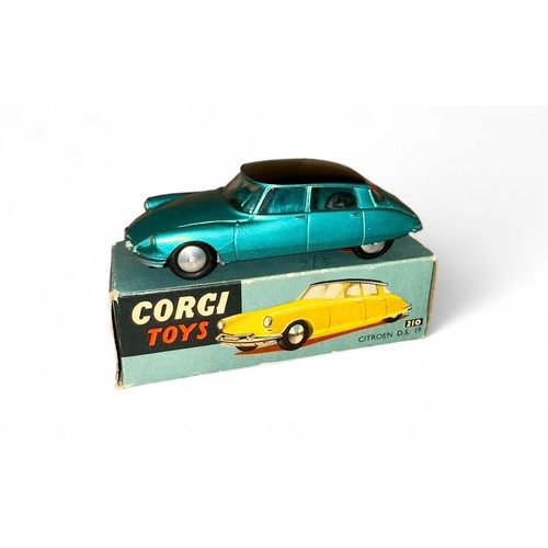 64 - Corgi Citroen DS19 No. 210, metallic turquoise with black roof, flat spun hubs, generally excellent ... 