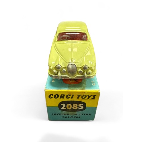 61 - Corgi Jaguar 2.4 Litre No. 208S, primrose with red interior, flat spun hubs and folded leaflet, gene... 