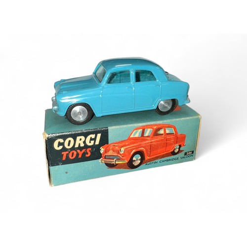 55 - Corgi Austin Cambridge No. 201, mid blue, flat spun hubs, generally excellent in good plus blue box.... 