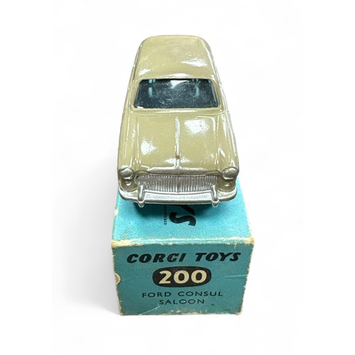 53 - Corgi Ford Consul fawn No. 200, generally good plus in good plus box, with flat spun hubs, silver tr... 