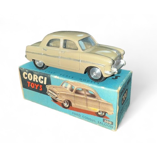 53 - Corgi Ford Consul fawn No. 200, generally good plus in good plus box, with flat spun hubs, silver tr... 