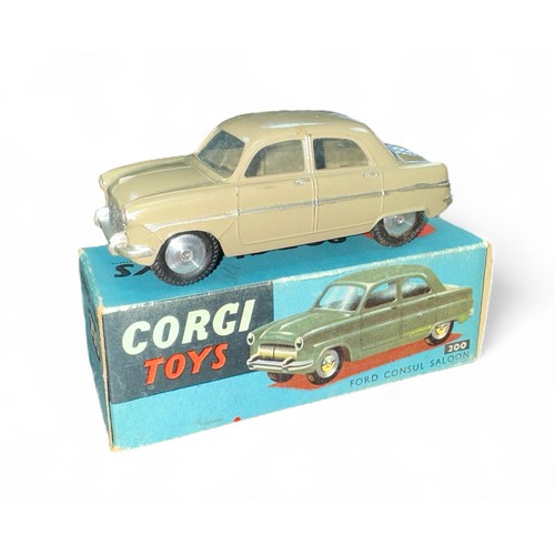 53 - Corgi Ford Consul fawn No. 200, generally good plus in good plus box, with flat spun hubs, silver tr... 