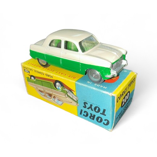 54 - Corgi Ford Consul two-tone pale grey and green No. 200, generally good plus in good plus yellow and ... 