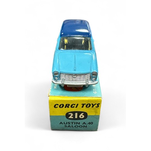 72 - Corgi Austin A40 No. 216, blue and dark blue roof,  generally excellent in good plus blue and yellow... 