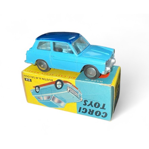 72 - Corgi Austin A40 No. 216, blue and dark blue roof,  generally excellent in good plus blue and yellow... 