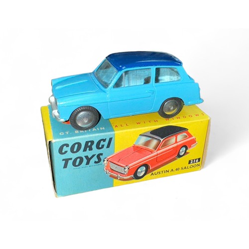 72 - Corgi Austin A40 No. 216, blue and dark blue roof,  generally excellent in good plus blue and yellow... 