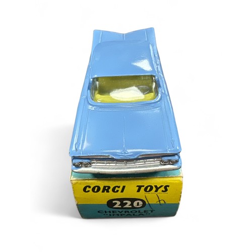 76 - Corgi No. 220 Chevrolet Impala powder blue, generally excellent in good plus box, wit lemon interior... 